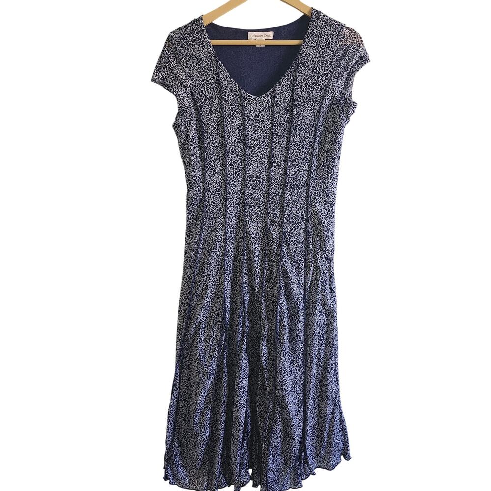 Coldwater Creek Floral Pleated Navy and White Midi Dress Size 12